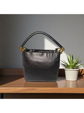 The Sak Collective Estrada Demi Bag Black Leather Brass Whipstitch Shoulder Hobo